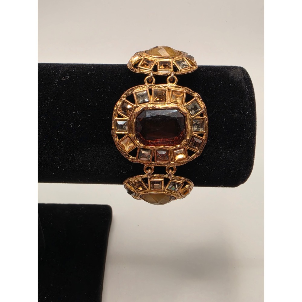 Graziano Gold Tone Amber Smoky Topaz Crystal Statement Bracelet Medallion